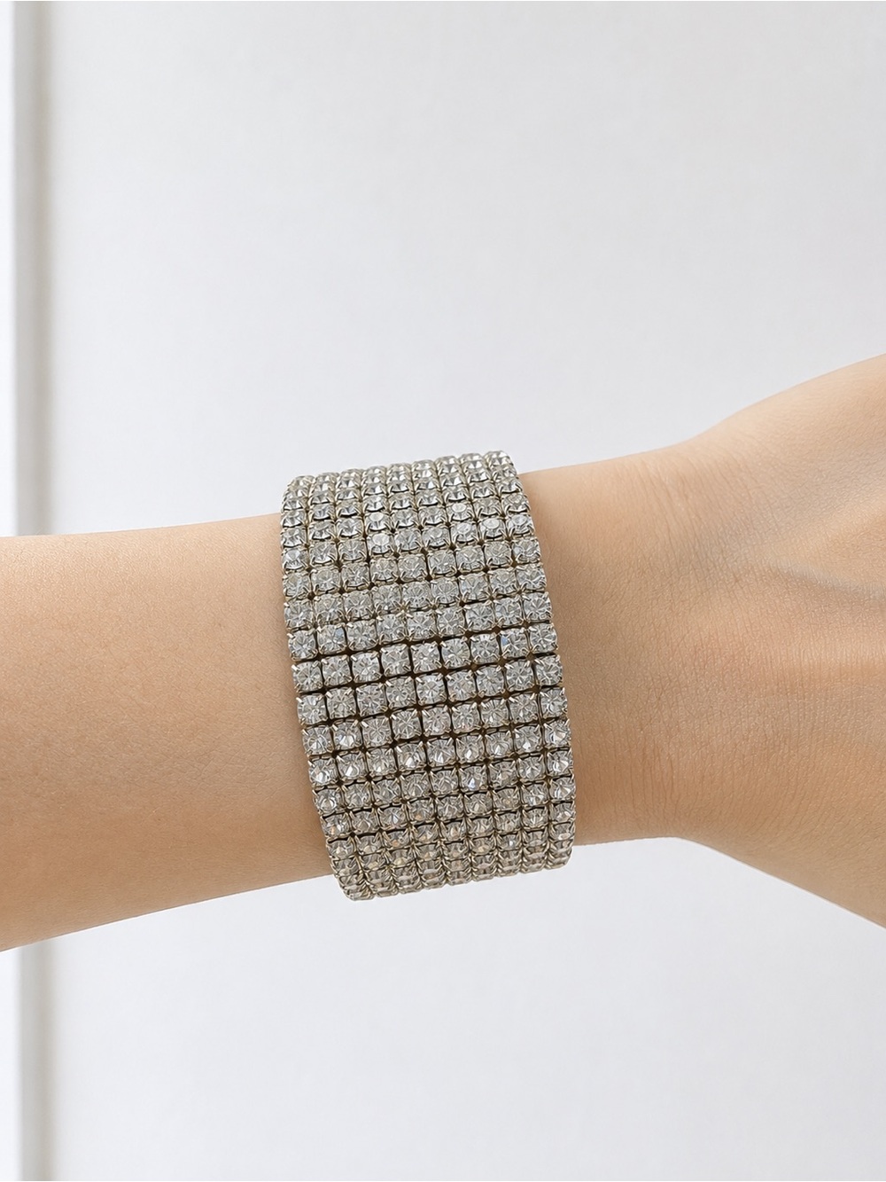 Wide Silver Tone Multi-Row Crystal Rhinestone Statement Bracelet